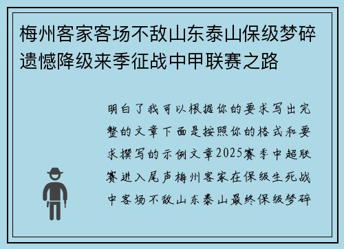 梅州客家客场不敌山东泰山保级梦碎遗憾降级来季征战中甲联赛之路 梅州客家客场不敌山东泰山保级梦碎遗憾降级来季征战中甲联赛之路